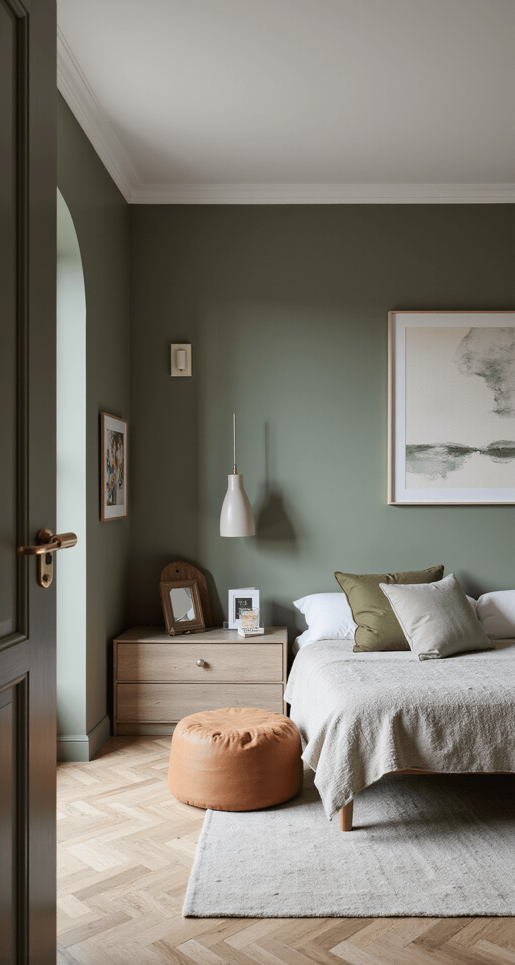 L-vormige babykamer in stone green en wit, met warm avondlicht en een modern grijs ledikant met okergele accenten, een cognac leren schommelstoel, zwevende boekenplanken met LED verlichting, een abstract vloerkleed in groentinten en een messing mobiel boven het ledikant.