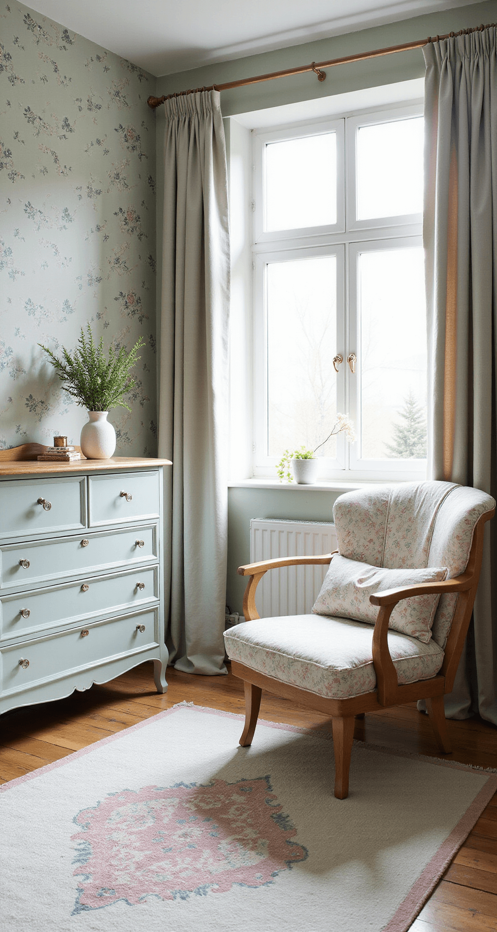 Romantisch vintage babykamer met sage green lambrisering, gefilterd middaglicht, vintage wit metalen ledikant, bloemenprint textiel, pastelkleurige schommelstoel, botanische wallpaper, antieke commode met kristallen knoppen en rond handgeweven tapijt.