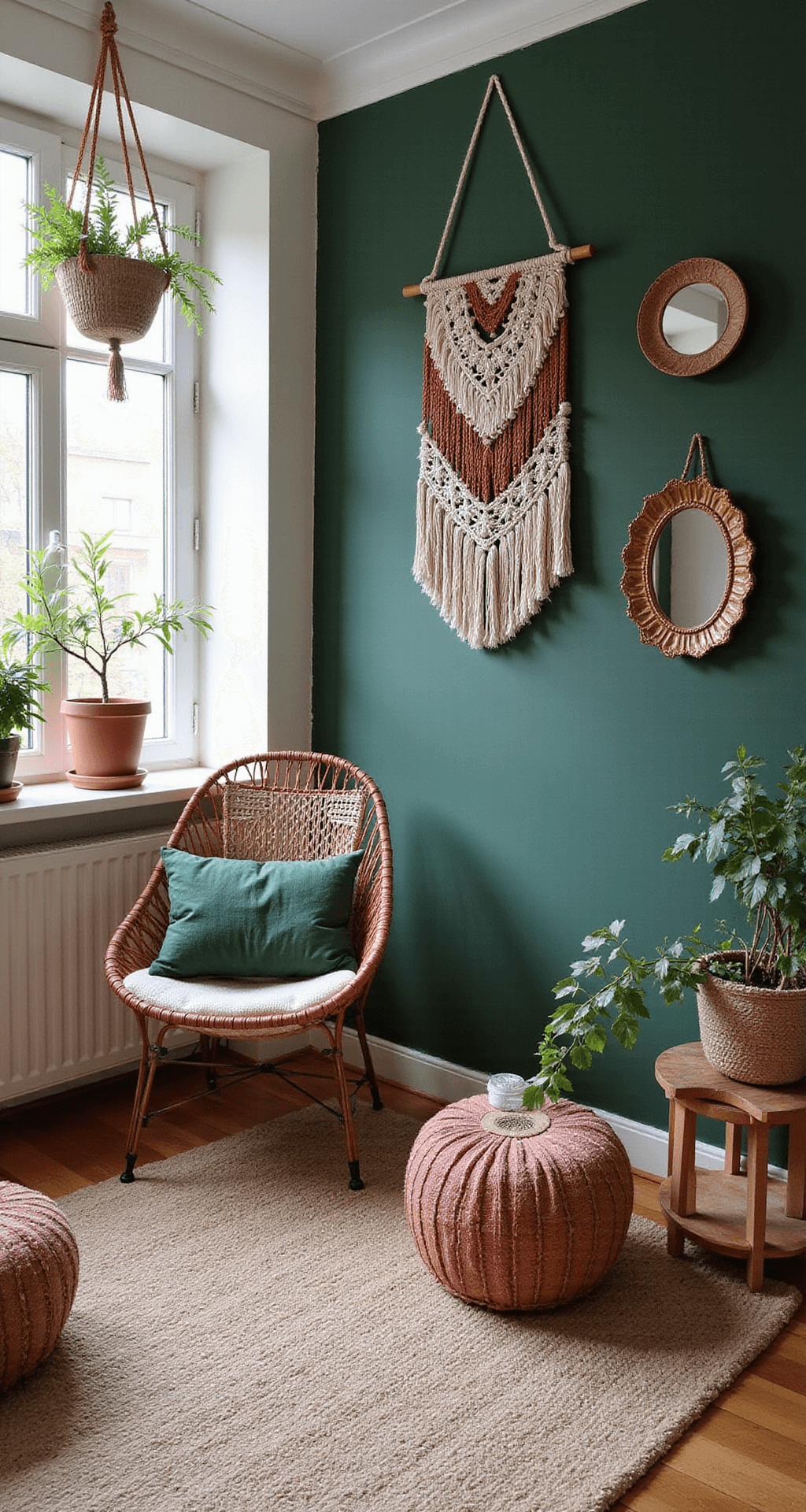 Vierkante boho babykamer met een emerald groene muur, warm licht door macramé gordijnen, rotan ledikant met bohemian textiel, rieten peacock chair met groene kussens, vintage spiegels aan de wand, natuurlijk sisal tapijt met een Perzisch kleed en hangende planten in terracotta potten.