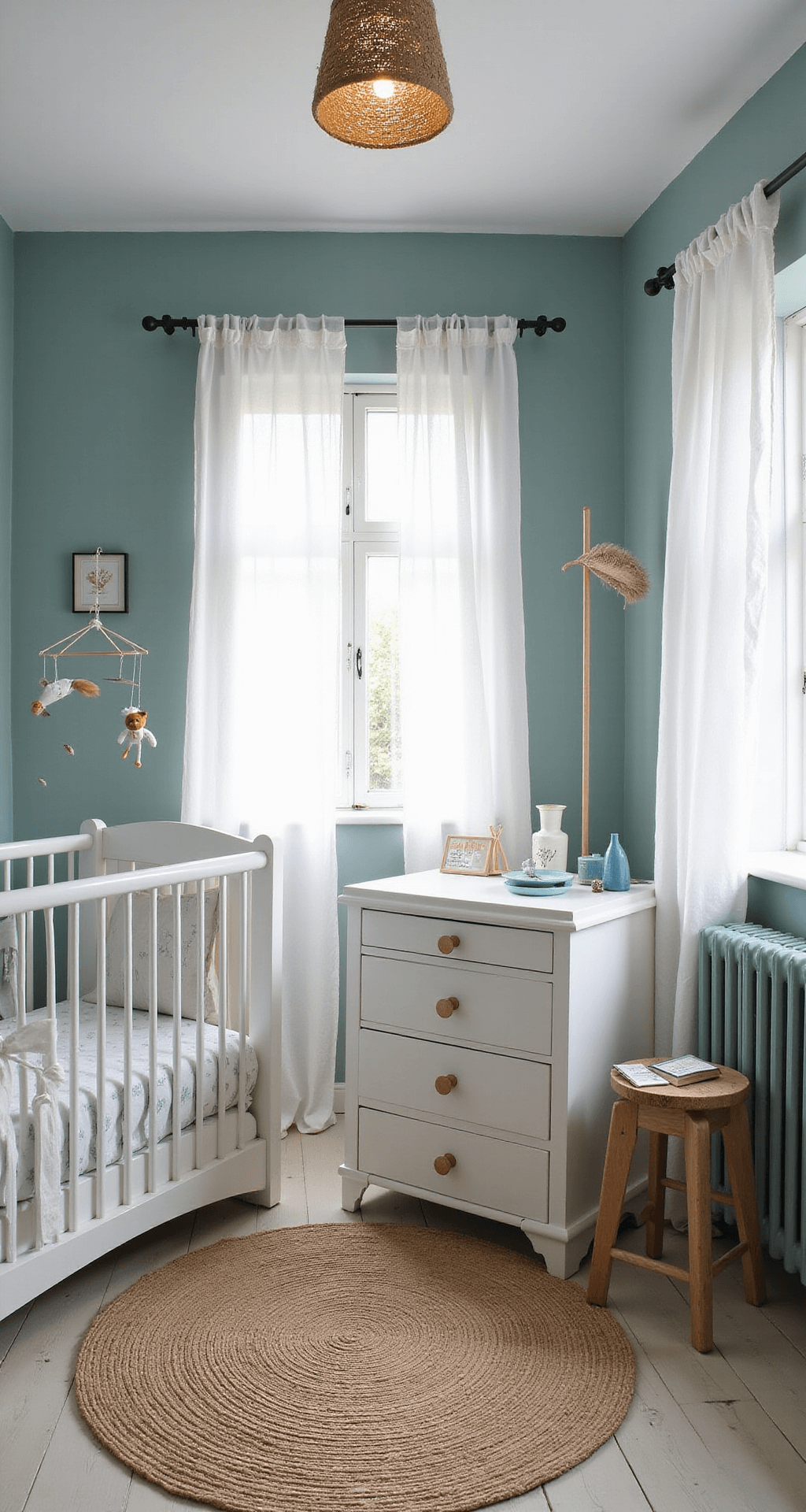 Een serene en dromerige babykamer met hoge ramen, een wit houten ledikant met zeeblauw beddengoed, en een handgemaakte mobiel van schelpen en zeesterren, verlicht door zacht filterlicht.