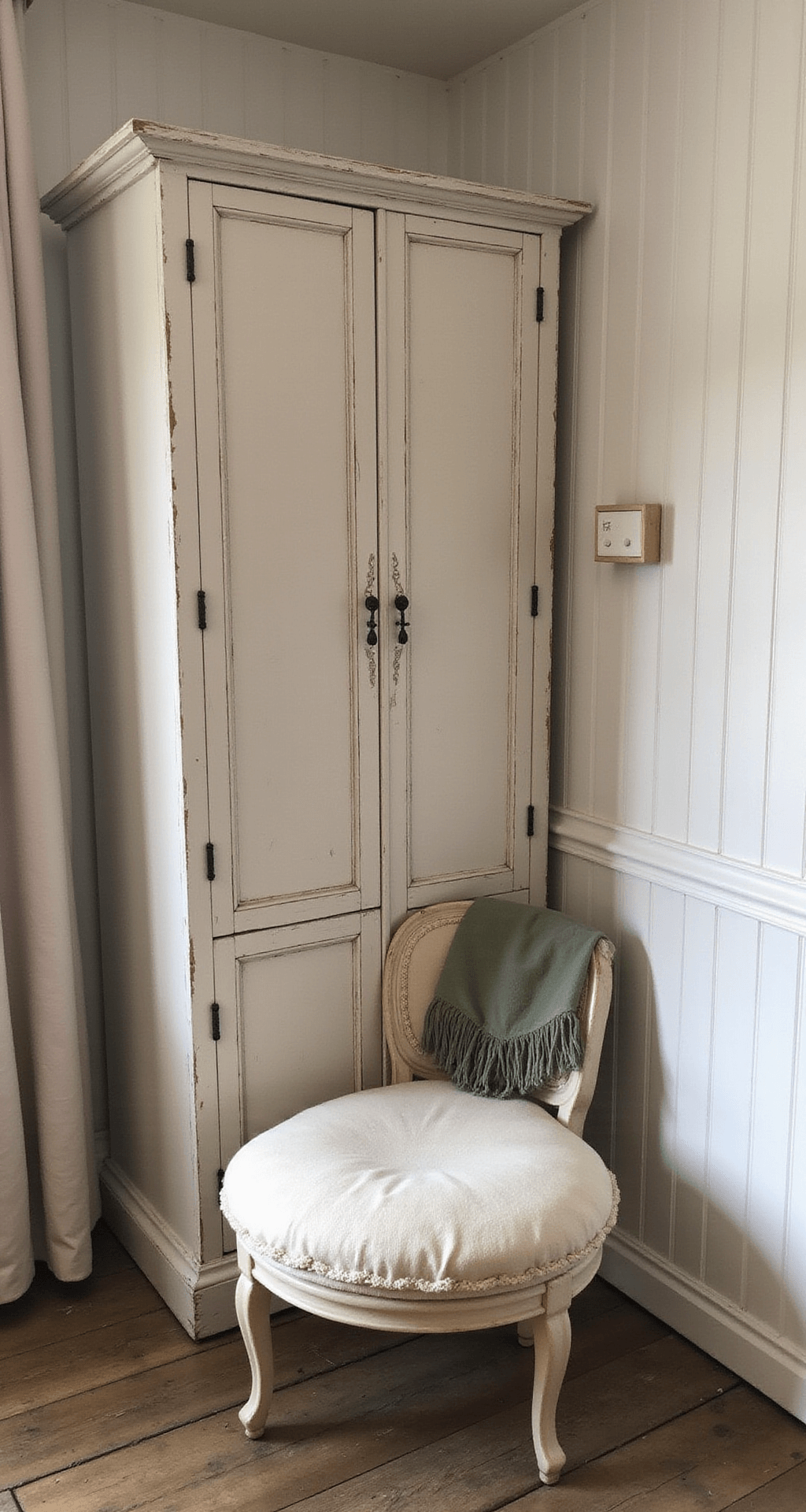 Intieme hoek van een babykamer tijdens het gouden uur, met een vintage schommelstoel, een handgeweven zeegroen dekentje, een muurcollage van schelpen en koraal, en een rieten mand vol knuffels, gefotografeerd vanuit laag standpunt met warme tegenlicht.