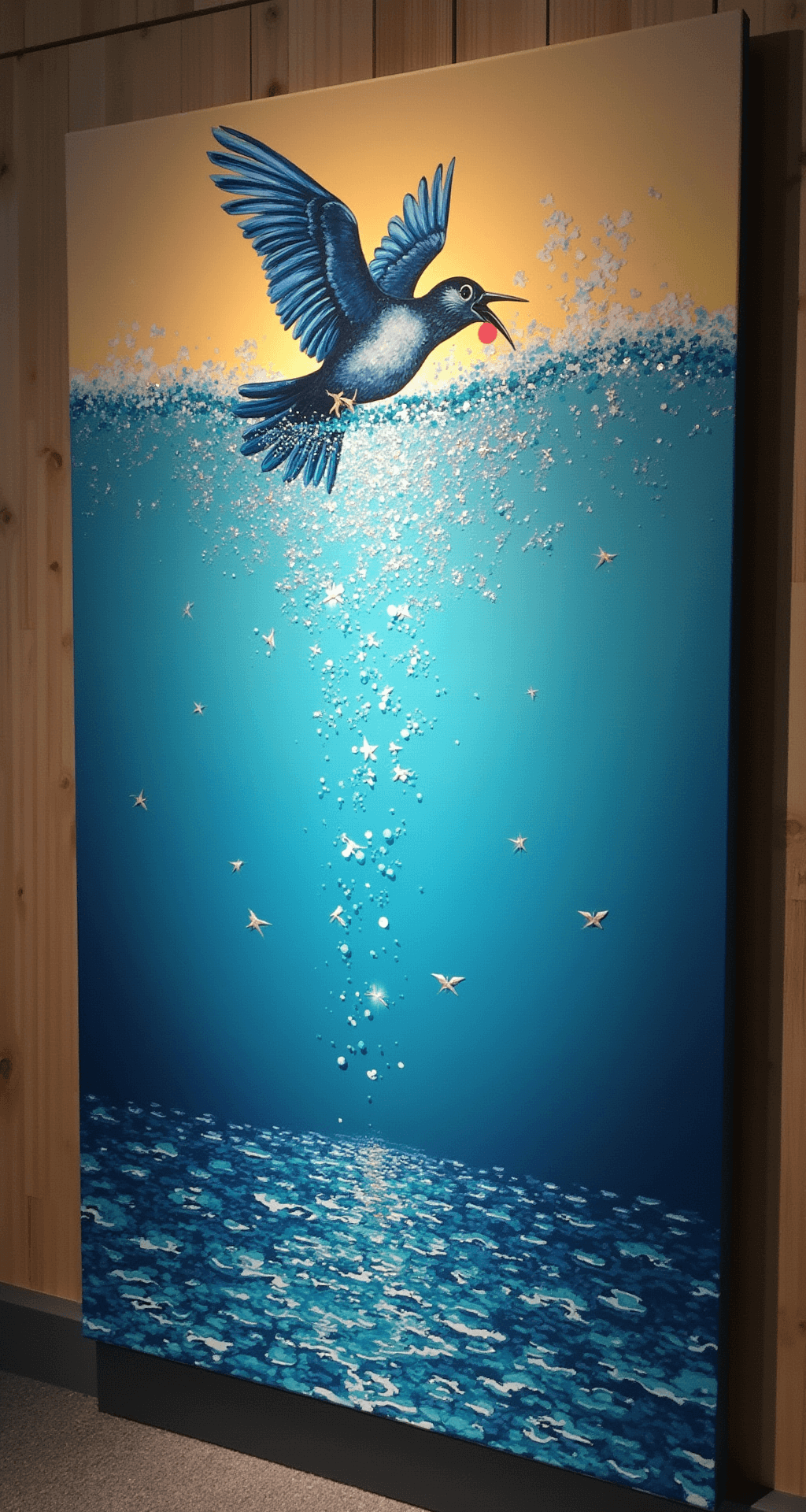 Speelhoek met lage opbergruimte van natuurlijk hout in zee-motief, een zacht rond tapijt in golvende blauw- en turquoisepatronen, een wandschildering van een onderwaterwereld met subtiele glitters, gestapelde kussens in verschillende zeeblauwe tinten, gezien vanuit vogelperspectief in egaal daglicht.