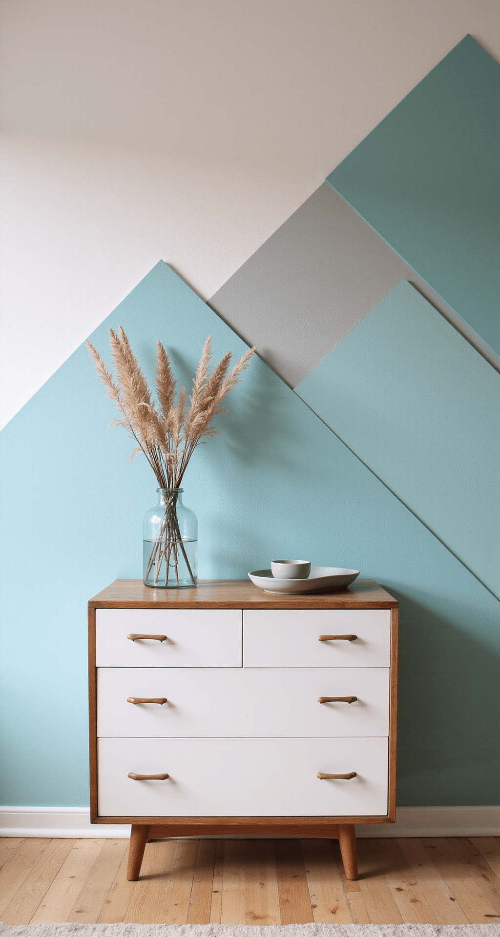Interieur van Verschoonhoek met witte commode en koperen handgrepen tegen een zachtblauwe muur, geometrische wandplanken, maritieme decoratie en vintage zeekaart in messingkleurige lijst. Opbergers in zeegroen linnen, belicht door zijdelings licht.