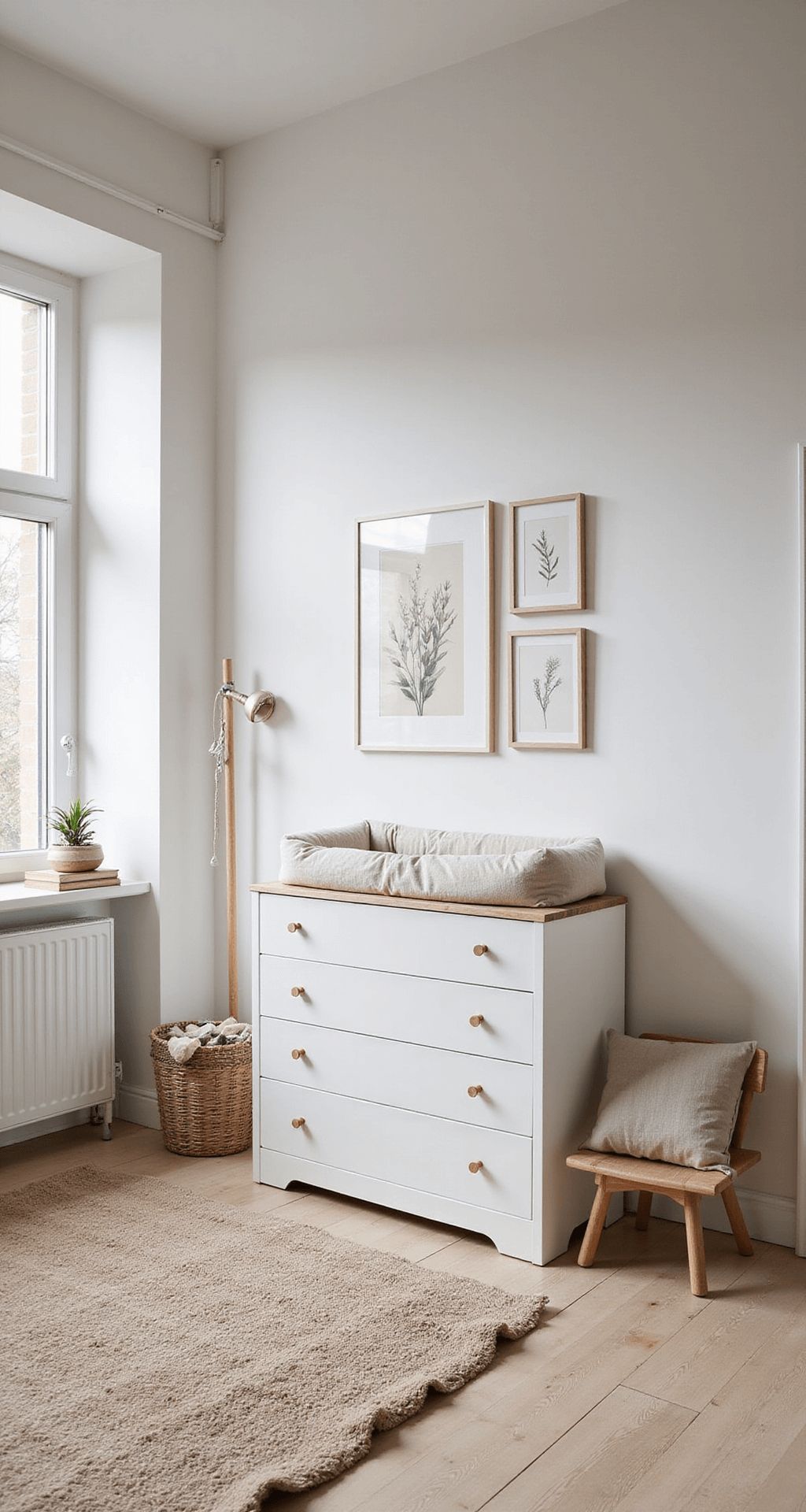 Ruime, lichte babykamer in Scandinavische stijl met hoge ramen, een wit houten ledikant, een commode in licht eikenhout, een schapenvacht op de vloer, en een rotan schommelstoel in een leeshoek, gefotografeerd tijdens het gouden uurtje.