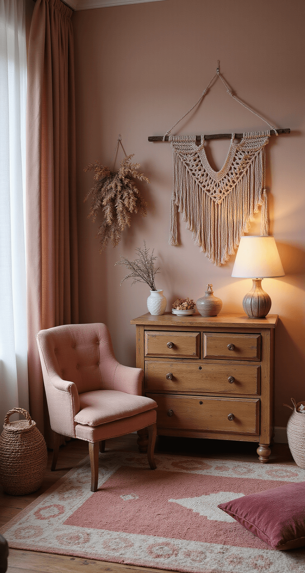 Intieme boho babykamer in avondlicht met warme verlichting, vintage koperen ledikant, macramé wandhanger, terra en roze kleuren, handgeweven tapijt, oude houten commode met koperen knoppen, rieten lampenkap, fluwelen oudroze fauteuil, droogbloemen in aardewerk vazen, dramatische schaduwwerking van camera op laag standpunt.