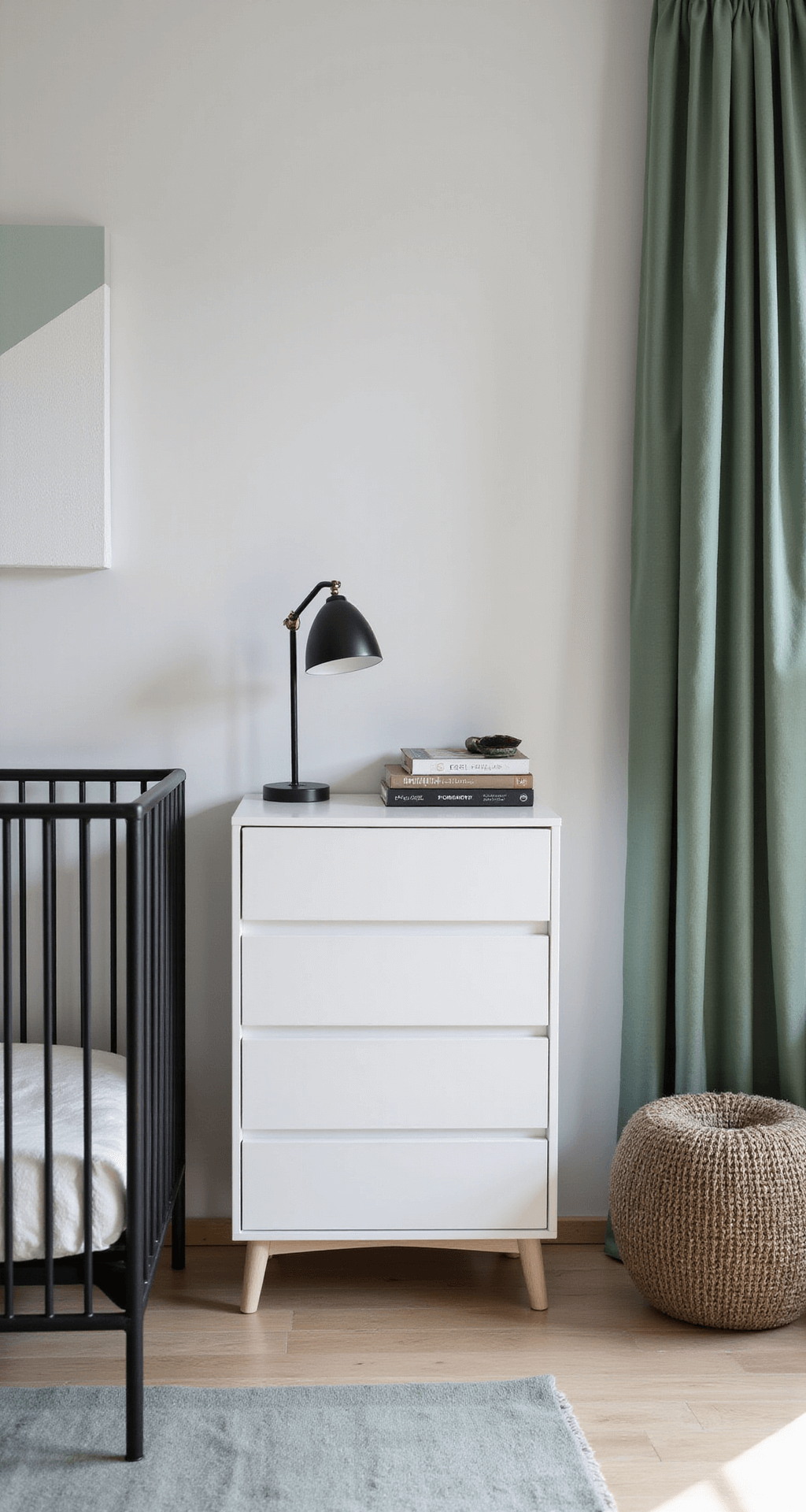 Moderne babykamer met zwart-wit basis en zachte sage groene accenten, geometrisch behang, zwart metalen ledikant met linnen hemel, minimalistische witte commode met messing details, rond wollen vloerkleed in gebroken wit, zwarte roede met lichtgrijze gordijnen en design schommelstoel in sage, vastgelegd met een groothoeklens.