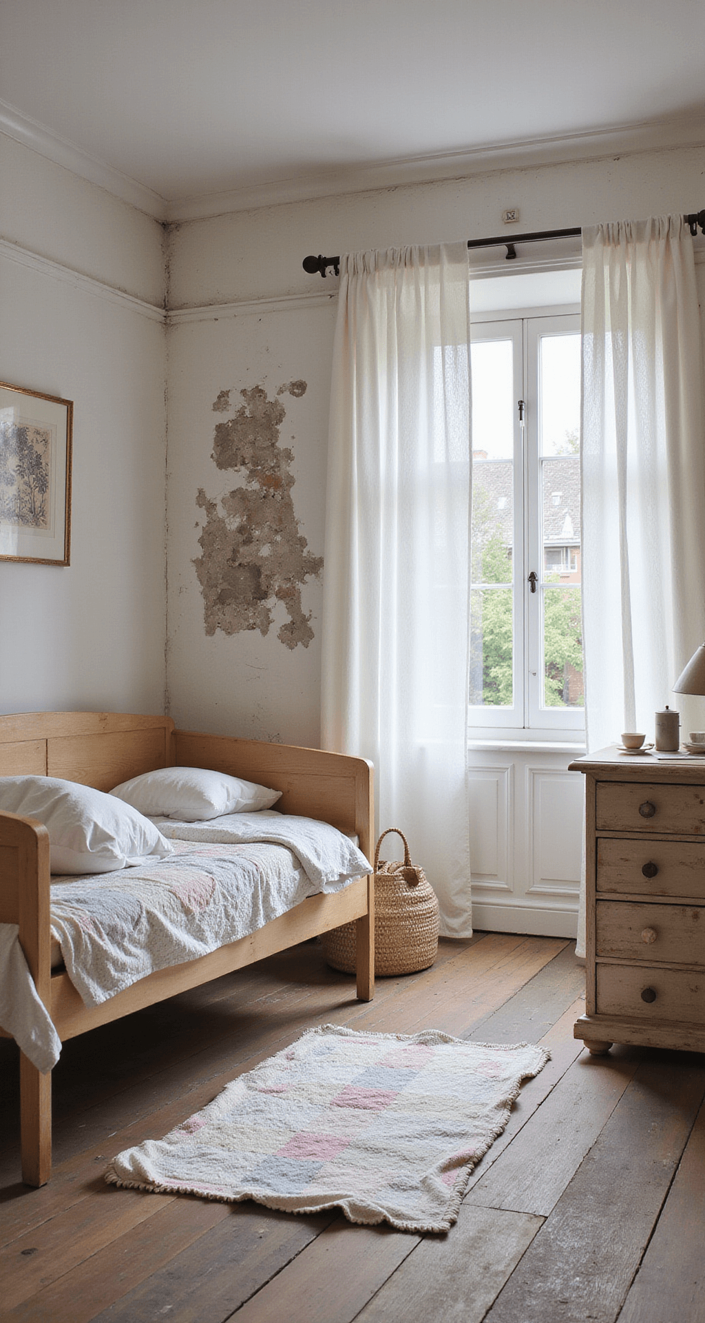 Een rustieke babykamer van 3x4 meter met balkenplafond en whitewash muren, voorzien van een vintage houten ledikant met een patchwork dekentje, een oude ladekast, een geweven mand met knuffels, linnen gordijnen met kant en een schapenvacht op een verweerde houten vloer, verlicht door zacht natuurlijk licht.