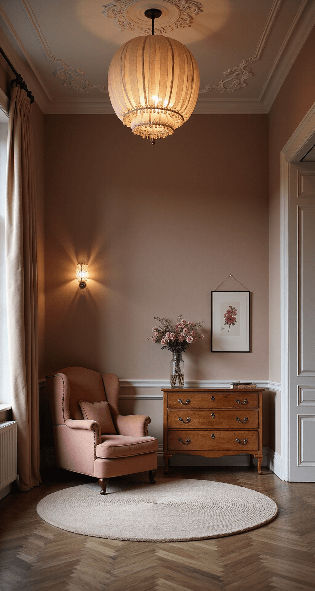 Luxe babykamer in avondschemering met een klassieke kroonluchter, ivoorkleurig ledikant met zijden hemeltje, Franse commode met marmerblad, zachtroze fluwelen fauteuil, gestucte ornamenten op het plafond, zijden vloerkleed met subtiel patroon, en tule gordijnen met satijnen band.