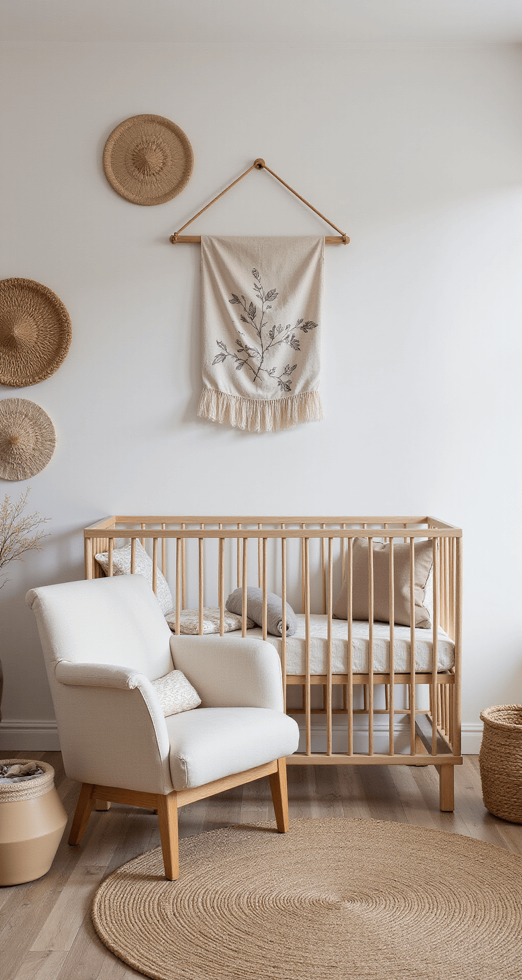 Een neutrale babykamer van 4x3,5 meter in de ochtendzon, met een beige en wit kleurenschema. Een houten ledikant met organisch vormgegeven spijlen, bamboe rolgordijnen, een linnen wanddoek met abstracte print, rotan opbergmanden, een zachte bouclé fauteuil, en een jute vloerkleed met franjes. De camera is hoog geplaatst met een groothoeklens en lichte overbelichting.