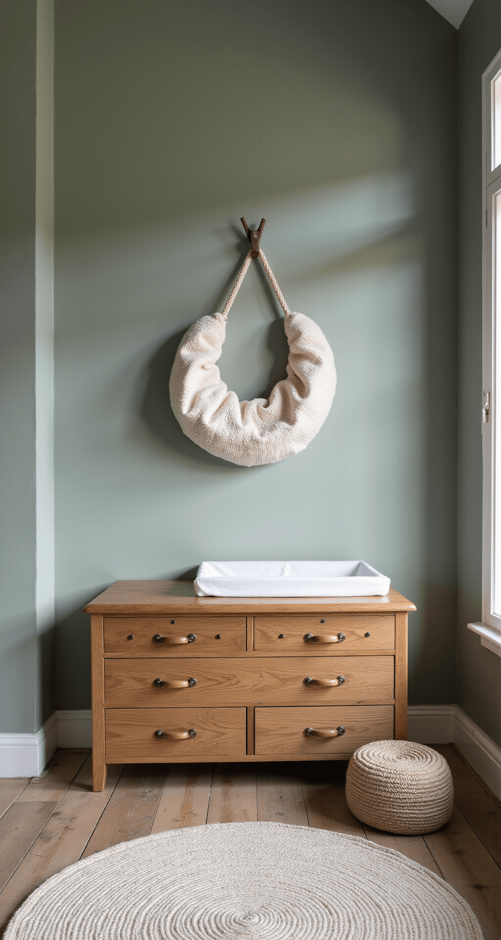 Ruime, vierkante babykamer in ochtendlicht met een massief houten ledikant, zachte groene muren, en vintage commode onder een bosdierwandcirkel, ingericht met aardetinten en natuurlijke vezels.