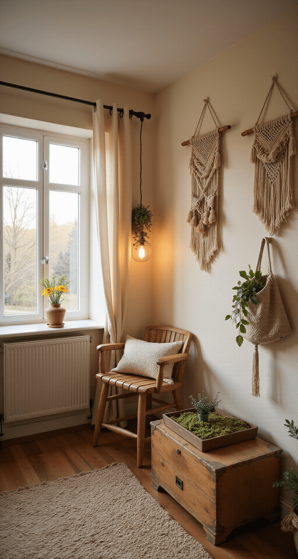 Intieme babykamer tijdens golden hour met een rustieke schommelstoel bij een groot raam, omringd door macramé wandhangers en zachte textielen in mosgroen en terracotta.