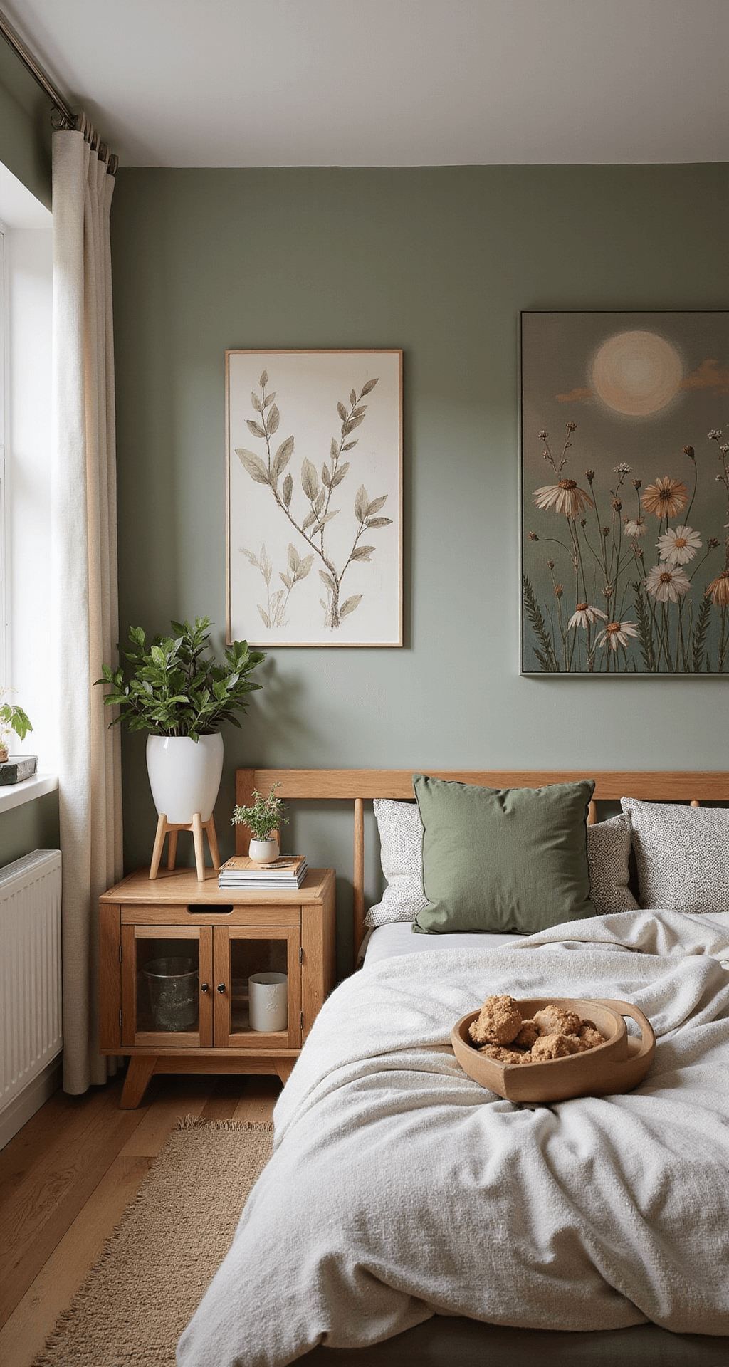Panoramisch uitzicht op een L-vormige babykamer met een statement wandschildering van bosdieren, een modern houten ledikant met linnen hemel, ronde vloerkleden van jute en wol, en een natuurthema boekenkast met een leeshoek in bosgroene en okergele tinten, gefotografeerd in middaglicht.