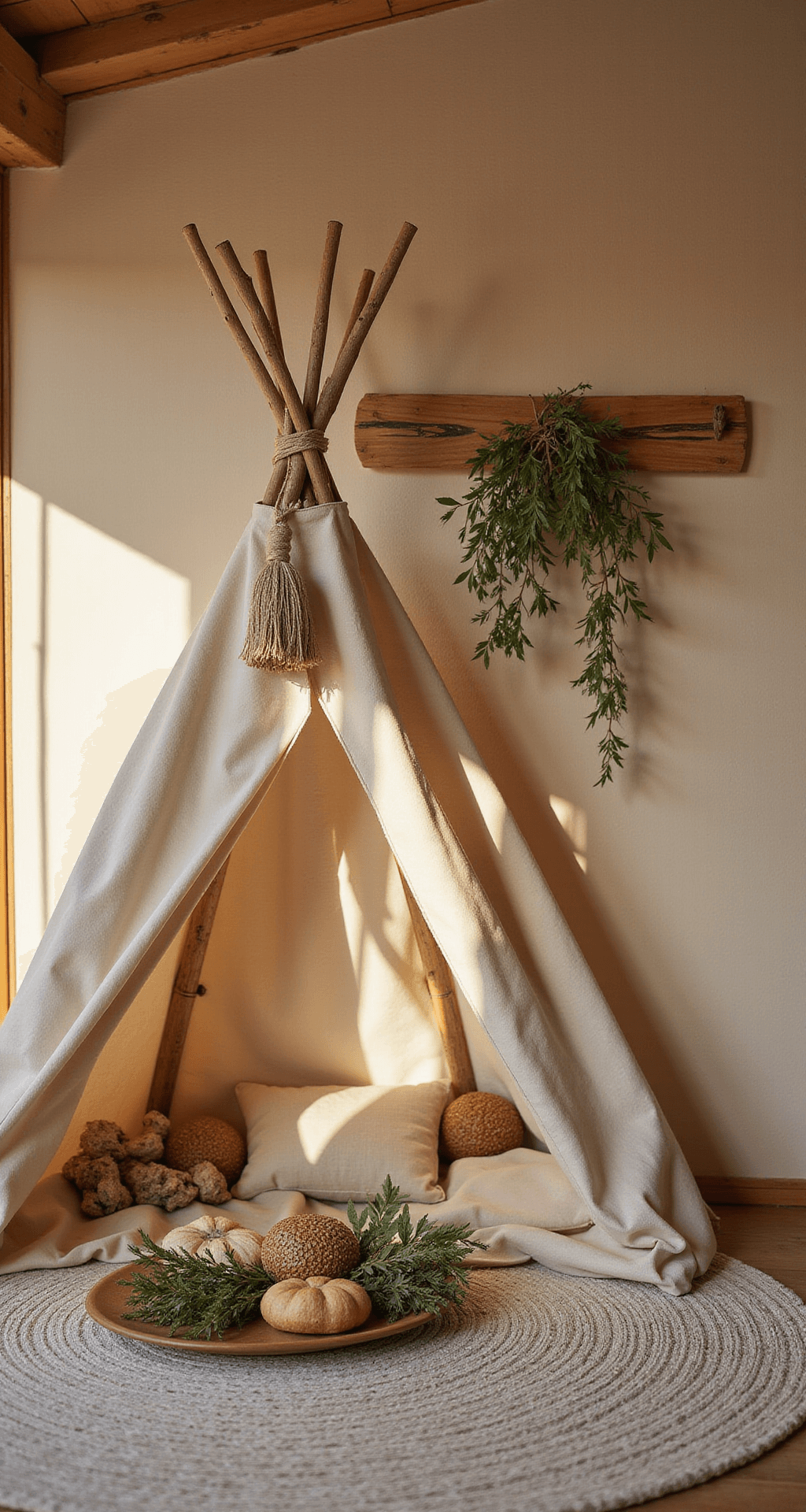 Detail van een speelhoek met een tipi van ongebleekt katoen, omringd door zachte kussens in aardse tinten. Een bamboe wandrek met houten speelgoed en gedroogde botanicals, op warme beige muren met een handgeschilderde bergenlijn. Natuurlijke materialen zoals kurk en riet in decoratieve elementen, verlicht door de ondergang van de zon.