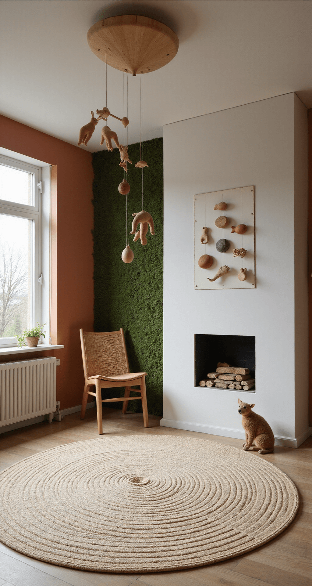 Bovenaanzicht van een vierkante speelmat in ochtendlicht, omringd door lichte opbergmeubels en een houten mobile met bosdieren. Warm witte muren met een botanisch behang en zachte poefs in mosgroen en terracotta. Natuurlijke speelmaterialen zoals houten blokken en vilten dieren.
