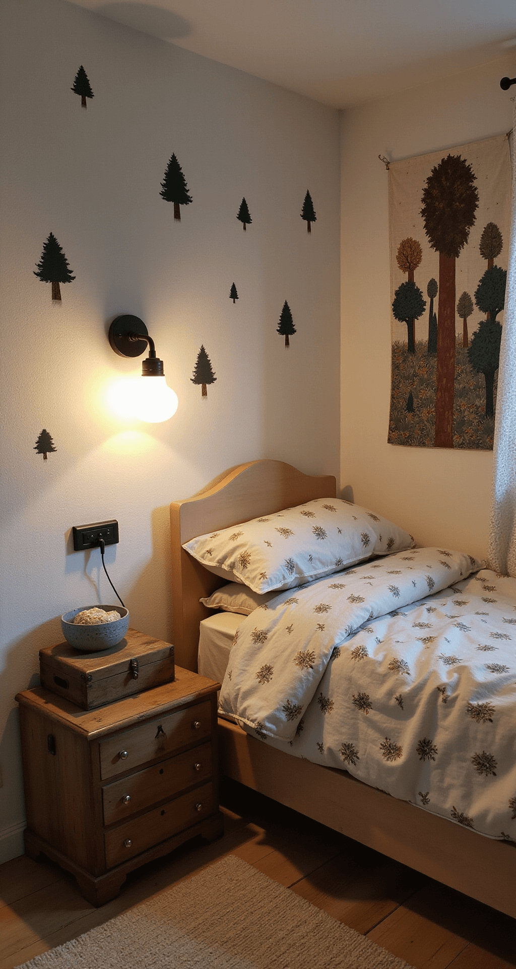 Avondscène van een babykamer met dimbare lampen, vintage houten box, wandstickers met bosmotieven, een handgemaakte wandquilt, zacht champagnekleurig tapijt en decoratieve rieten manden.
