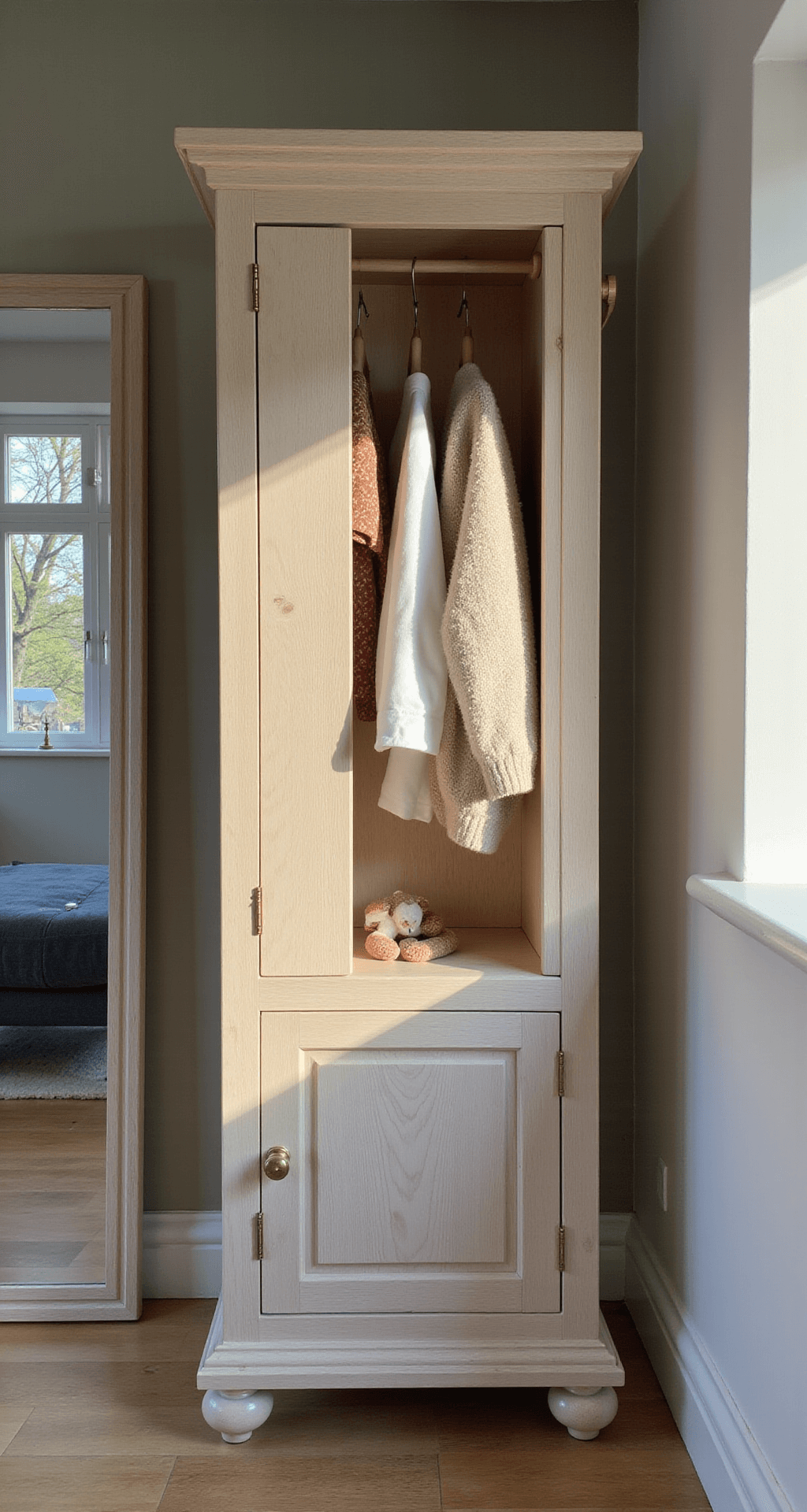 Ochtendopname van een garderobehoek met een houten kledingrek, versierd met dierenhangers en babykleding, grote spiegel in houten lijst, muren in warme greige met bladmotieven, en zeegras opbergmanden met vilten details.