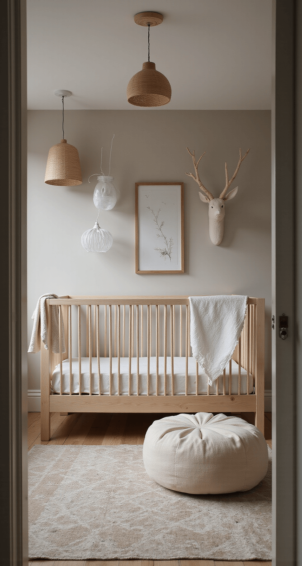 Moderne babykamer in zachte tinten van grijs en beige, met warme okergeel accenten. Natuurlijke materialen en een vrolijke sfeer tijdens het gouden uurtje.