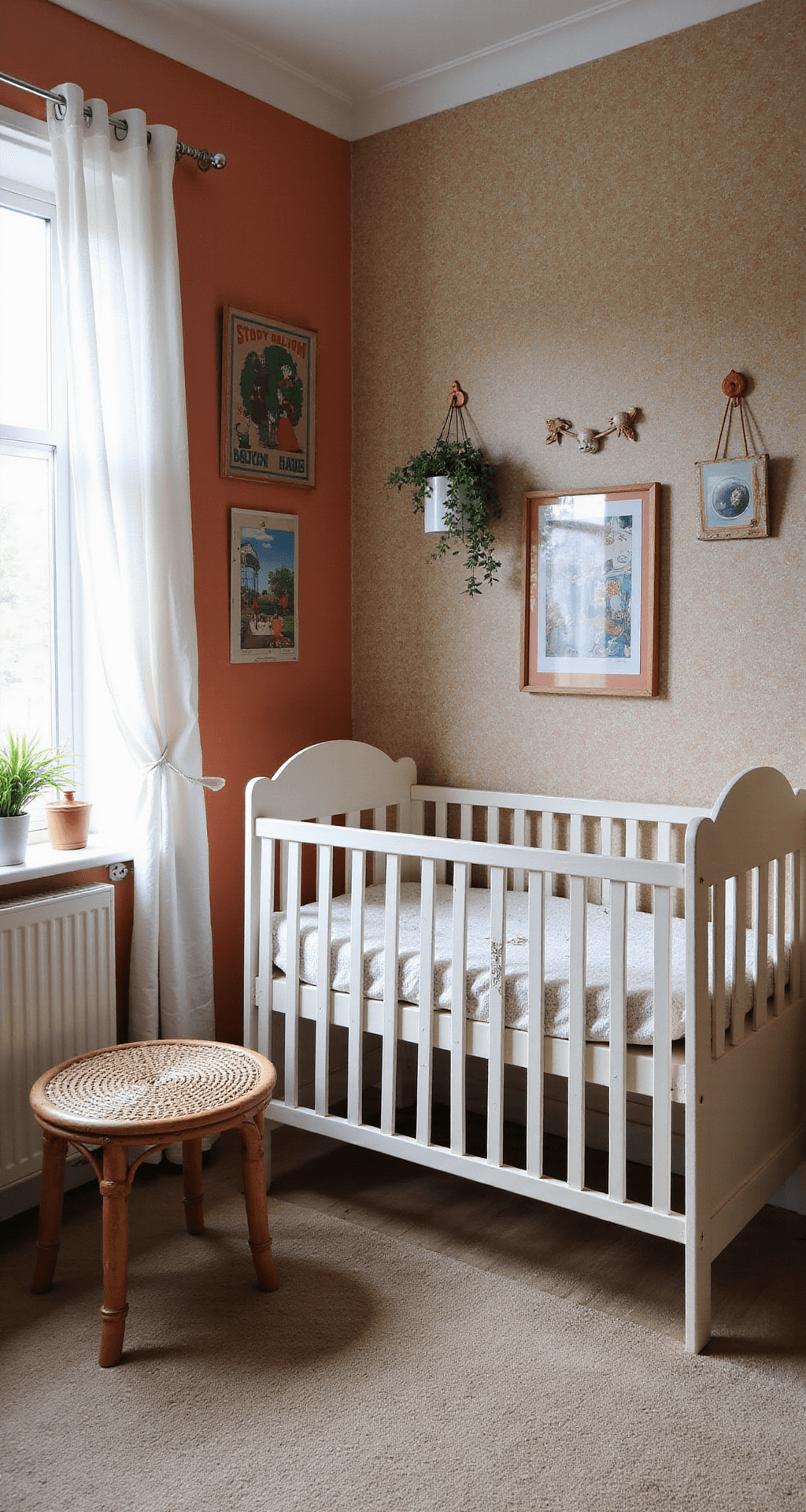 Ruime babykamer in bohemian stijl met zachtroze muren, vintage perzisch tapijt, antiek ledikant en rotan schommelstoel, gefotografeerd vanuit hoog standpunt met hangende planten en vintage kinderboekenposters.