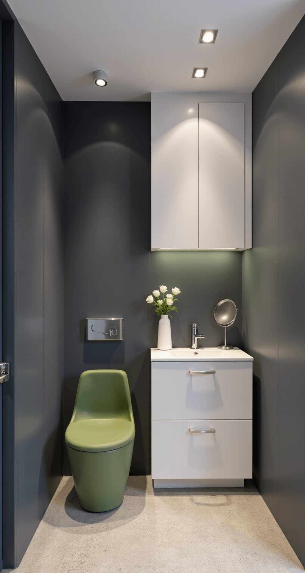 Compacte moderne kinderkamer met dimbare LED-verlichting en donkergrijze accentmuur met geometrische patronen. Witte meubels en een slim opbergsysteem met zwevende planken. Zachtgroene velours gordijnen en een metallic mobiel boven het ledikant, gefotografeerd met focus op lichtreflecties.