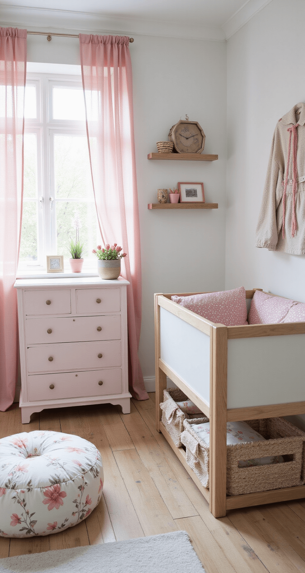 Een landelijke babykamer in pastelkleuren met ochtendlicht dat door een erkerraam valt, inclusief poederroze linnen gordijnen, een vintage commode, een handgeknoopt vloerkleed en een verzameling gehaakte knuffels op een open stellingkast, plus een klassieke schommelstoel met bloemenprint kussen.