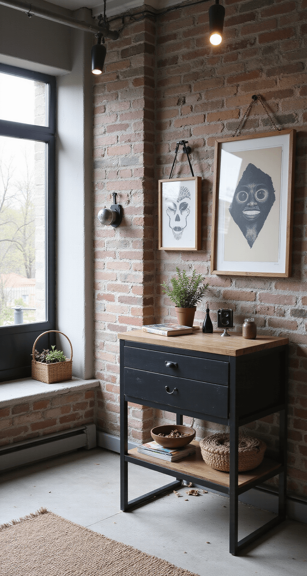 Industriële kinderkamer met betonlook muren, een zwart metalen ledikant en houten commode met stalen frame. Gevelde middaglicht door jaloezieën, versierd met grafische zwart-wit prints en vintage speelgoed. Grijs hoogpolig tapijt voor comfort, verlicht door spotverlichting op rails.