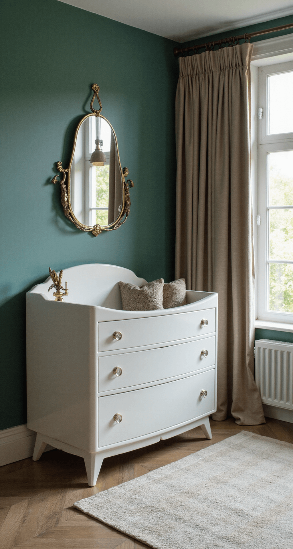 Luxe babykamer in art deco stijl met diep zeegroene fluwelen wanden, gouden details, klassiek wit ledikant, zijden gordijnen, kristallen kroonluchter en marmeren bijzettafels, prachtig in de avondschemering.