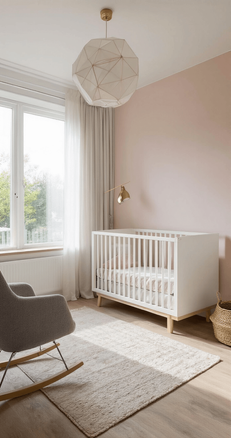 Moderne minimalistische babykamer met wit Scandinavisch ledikantje, lichtroze muren, crèmewit linnen gordijnen, geometrische gouden en roze mobile, grijze schommelstoel, messing lamp en gebroken wit wollen vloerkleed, gefotografeerd in ochtendlicht vanuit de deuropening.