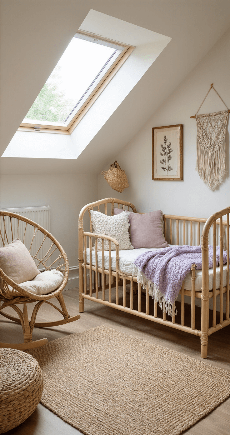 Bohemian chic kinderkamer met vintage houten ledikant, macramé wandhanger, rotan schommelstoel, botanische prints, jute vloerkleed en bamboe opbergmanden, gefotografeerd vanuit een laag standpunt met zacht middaglicht.
