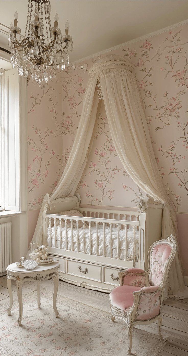Vintage romantische kamer met antiek ledikantje, blush roze muren en Franse brocante commode, verlicht door gouden namiddaglicht, gefotografeerd vanuit een hoge hoek.