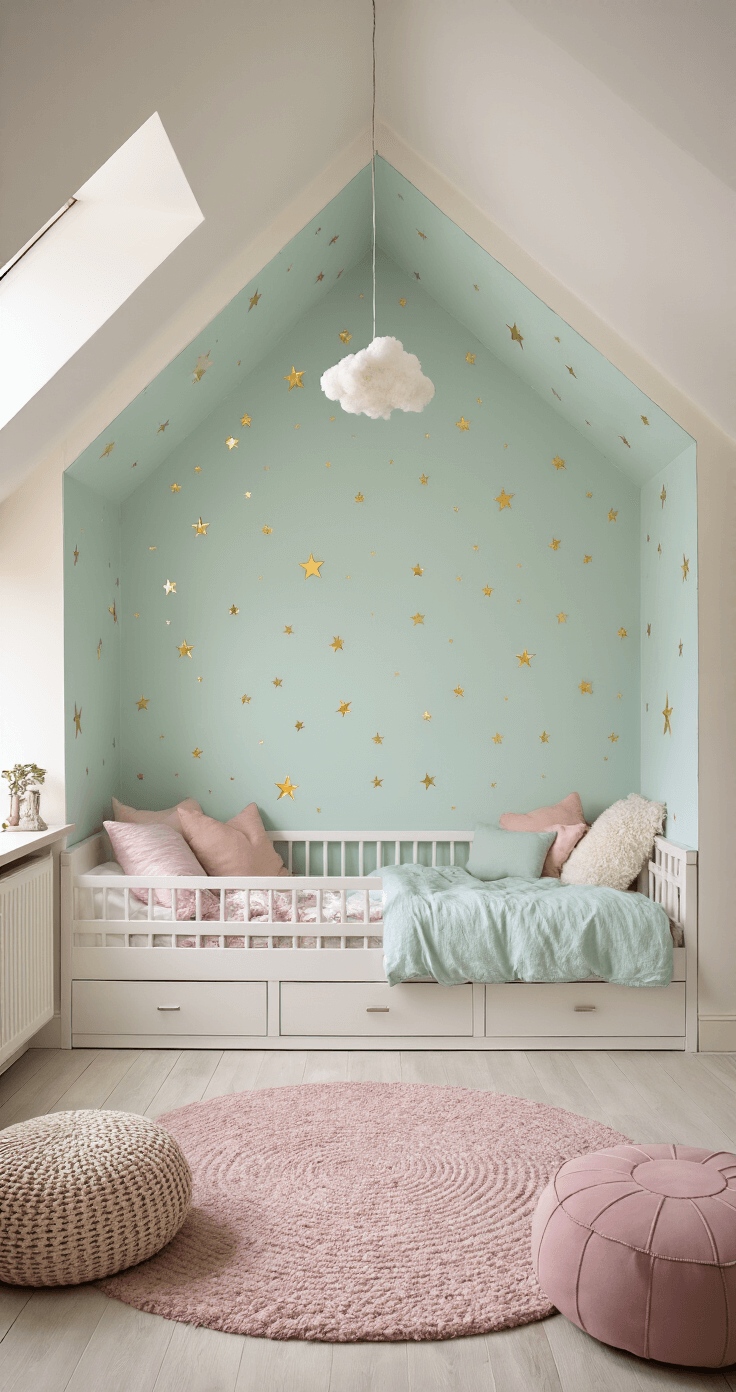 Pastel droomkamer met erker, ochtendzon door kanten gordijnen, modern wit ledikant met pastelkleurige linnen hemel, mintgroene accentmuur met gouden sterretjes, ronde zachtgrijze commode, poederroze velours poef, en zwevende wolkenlampen, gefotografeerd vanuit vloerniveau.