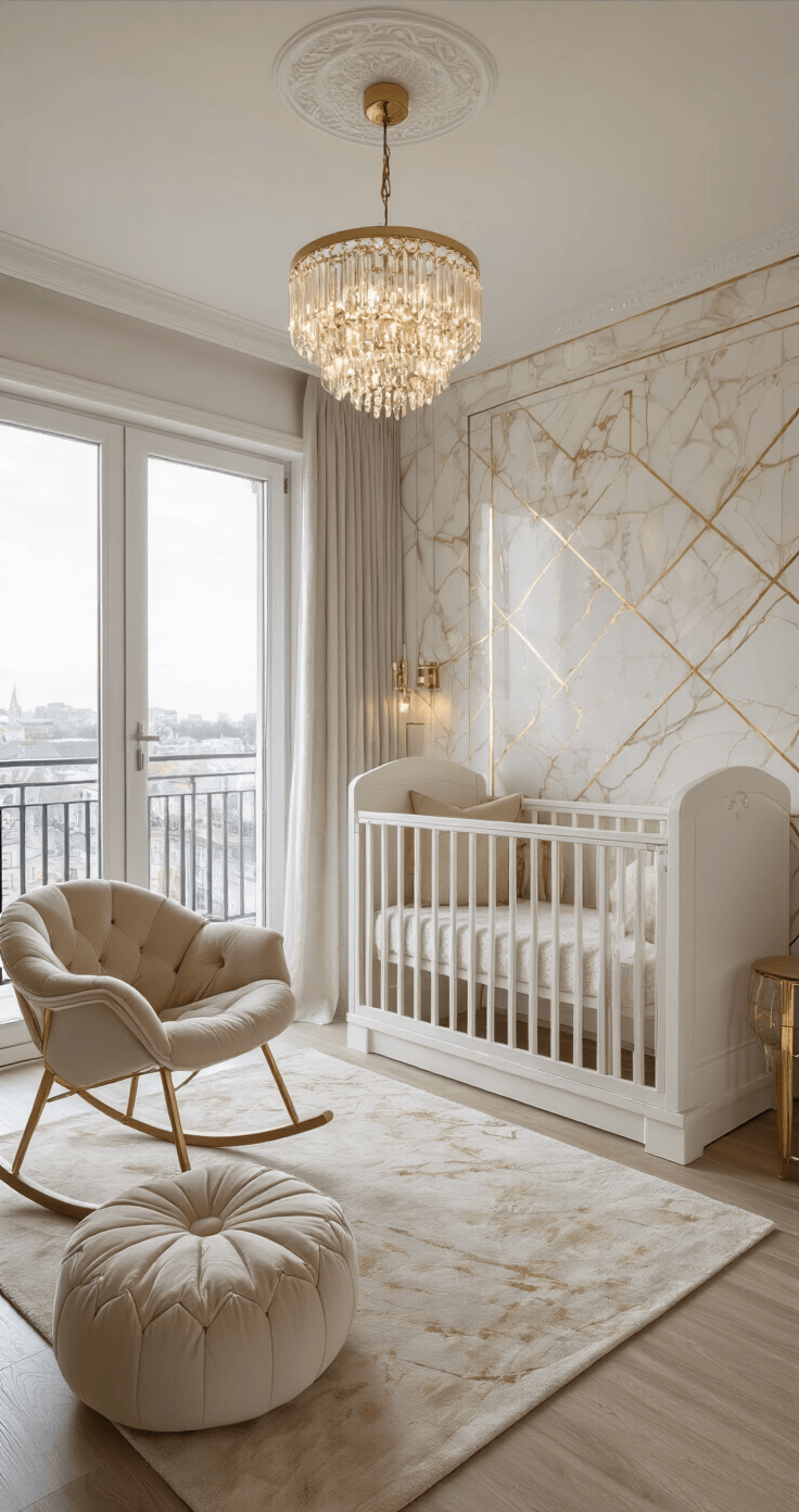 Moderne luxe babykamer met Franse deuren en avondzon, centraal designer wit-gouden ledikant, marmeren accentmuur met gouden geometrische patronen, champagne kleurige velours schommelstoel, kristallen hanglamp met sterpatronen, gefotografeerd vanuit een balkon tijdens het gouden uur.