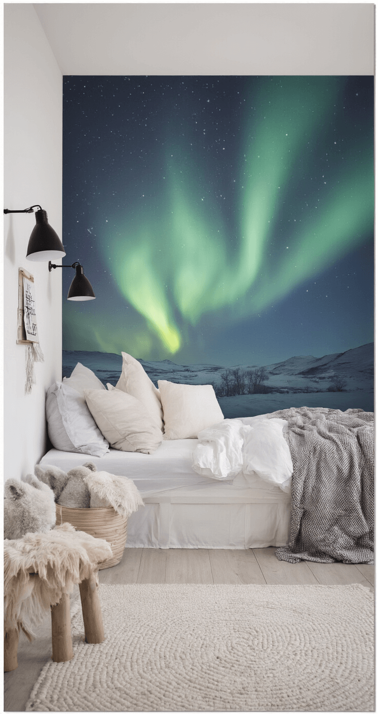 Minimalistische L-vormige ruimte van 4x5m met panoramaraam en diffus noorderlicht, naturel houten ledikant met linnen bedhemel, witte muren met zwart-wit illustraties, grijze schapenvacht op wit vloerkleed en zwarte wandlampen.