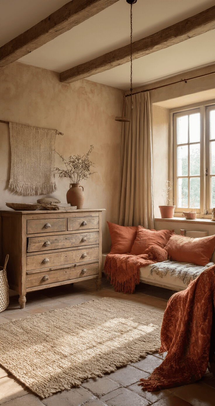 Gezellige kamer van 3x4m met balkenplafond, vintage houten ledikant met gebreide plaids, oudroze fluwelen schommelstoel en terracotta muur met handgeweven wandkleed, verlicht met zachtmiddaglicht en koperen details.