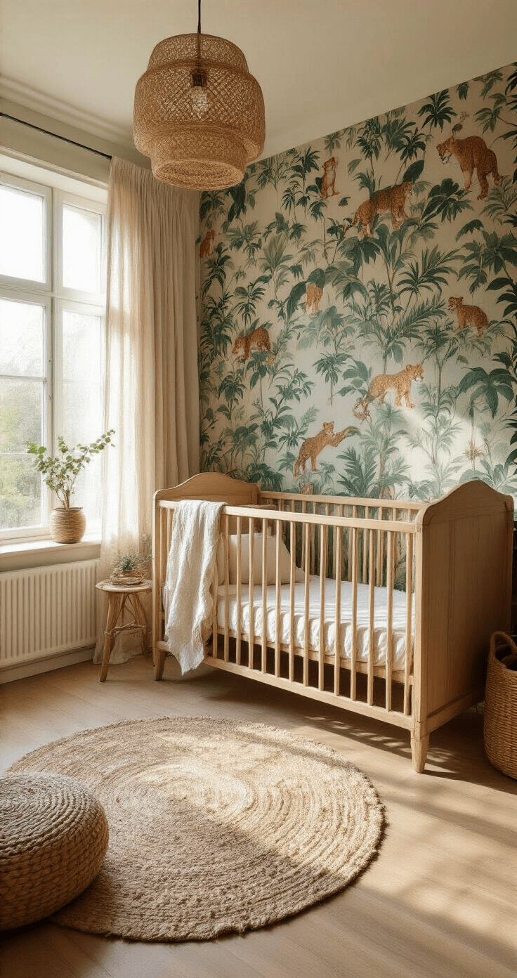 Ruime babykamer met hoog plafond, vintage houten ledikant en jungle-thema behang in zachte tinten. Natuurlijk licht door grote ramen en sfeervolle schaduwpartijen.