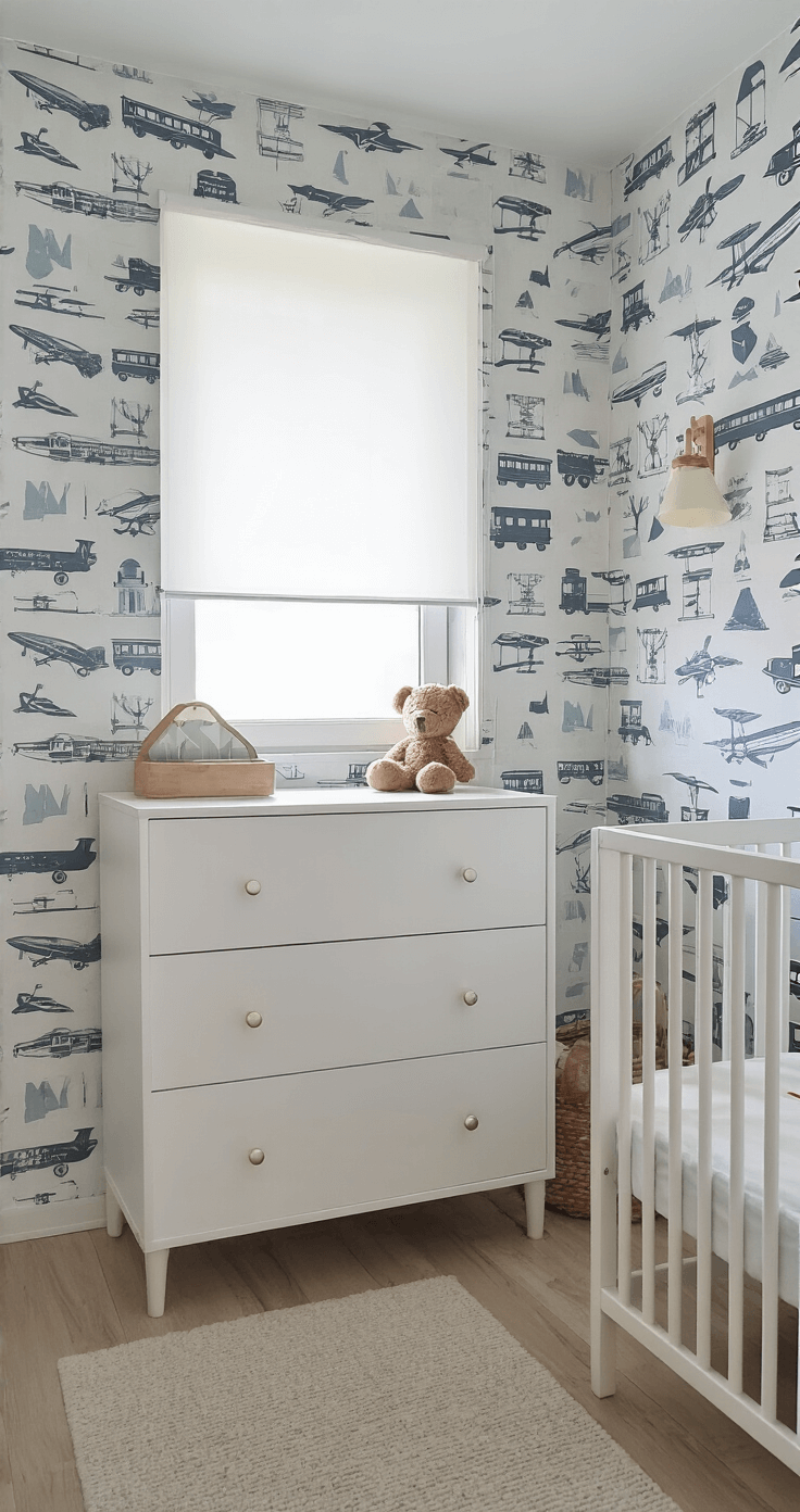 Compacte babykamer met transport-thema behang, moderne commode en geometrisch wandrek, vastgelegd in zacht ochtendlicht.