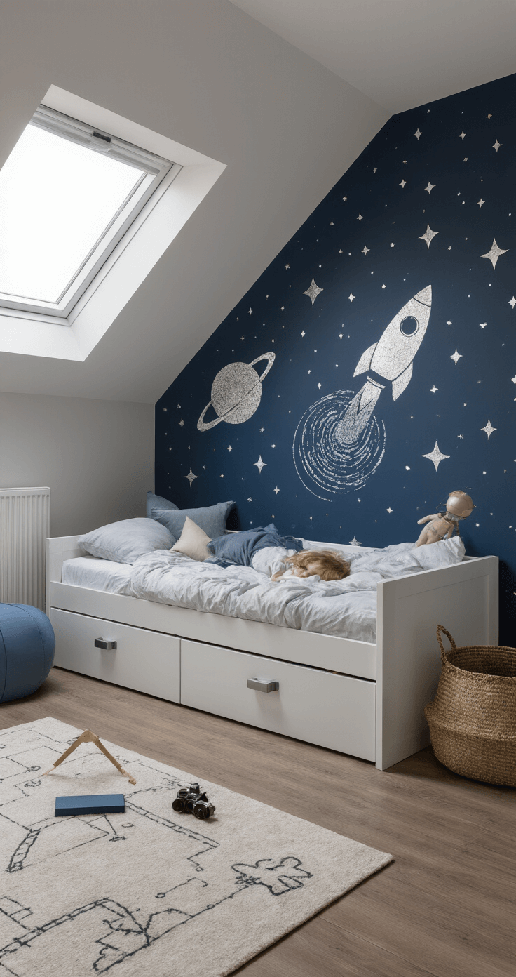 Panoramisch beeld van een L-vormige kinderkamer met ruimte-thema, met donkerblauw behang vol zilverkleurige sterrenconstellaties en raketten, verlicht door schemerverlichting en een ledstrip achter de bedhemel. Een wit hoogslaper bed met speelruimte eronder, een telescoop bij het erkerraam, en astronomische wanddecoraties.