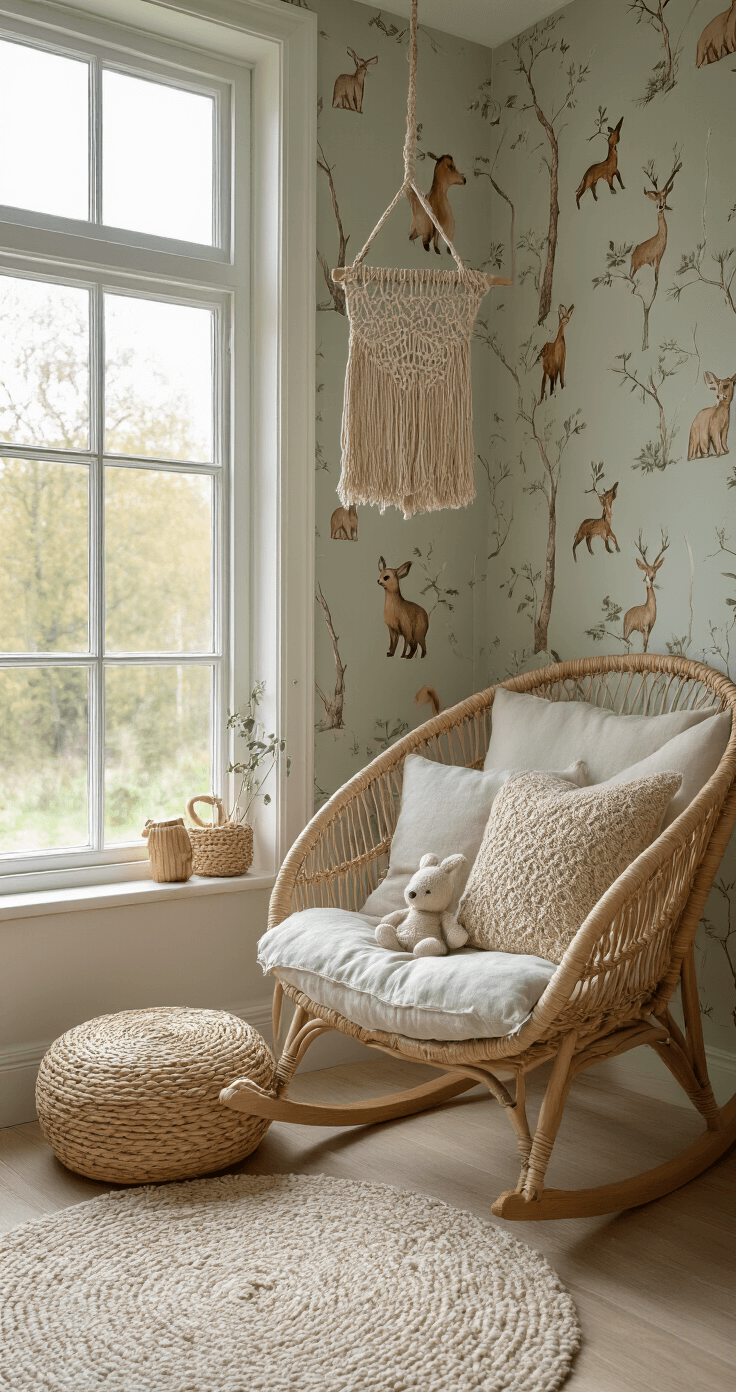 Intieme babykamer met natuurthema behang in zachte kleuren, rieten schommelstoel, macramé wandhanger, houten speelgoedrek, en diffuus licht door een raam. Tactiele elementen zoals een wollig tapijt en geweven mandjes zijn zichtbaar.