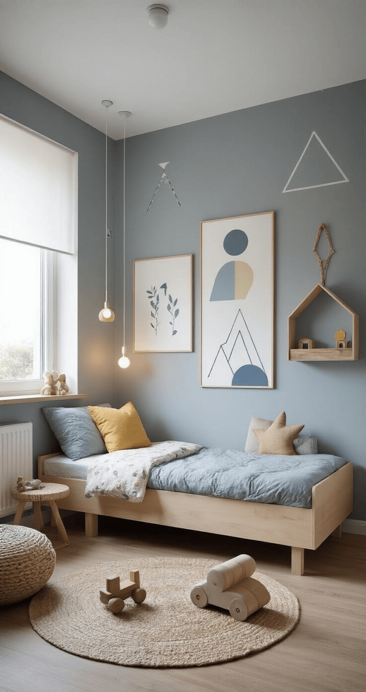 Moderne vierkante kinderkamer met minimalistische abstracte geometrische prints in poederblauw, grijs en okergeel, Scandinavisch ledikant en designspeelgoed op zwevende planken, verlicht met gedempte spotverlichting in late namiddag.