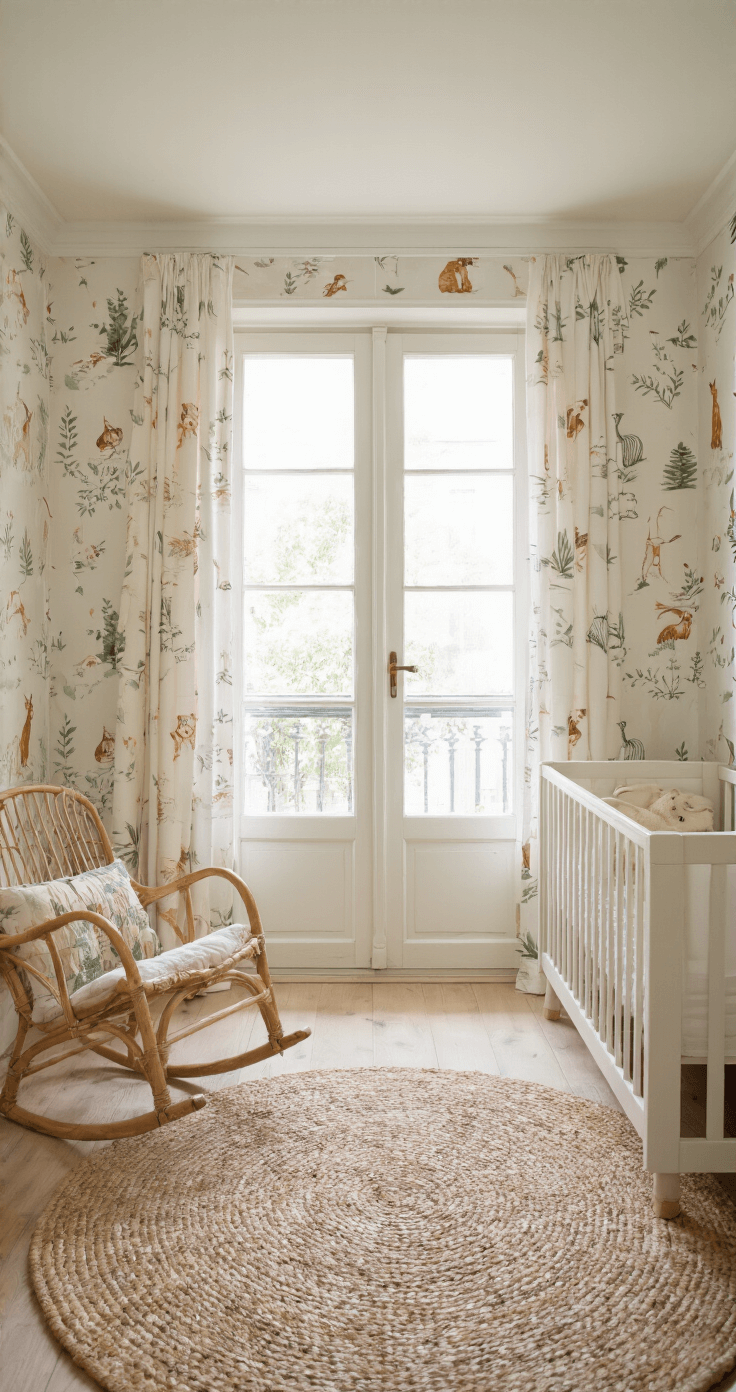 Rechthoekige babykamer met dierenprintbehang en handgetekende safari dieren in waterverf, klassieke witte ledikant en rotan schommelstoel. Botanische prints in gouden lijsten, verlicht door zijdelings invallend ochtendlicht door Franse deuren. Ontwerp met natuurlijke materialen zoals linnen, katoen, bamboe en geolied eikenhout.
