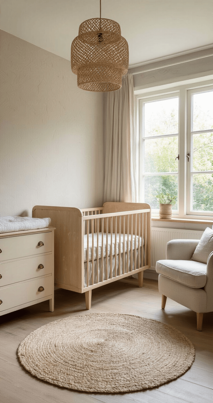 Een serene babykamer met hoge ramen, lichtgrijze muren en een naturel houten ledikant met een geweven katoenen hemeltje, geflankeerd door een vintage beige commode en een crèmekleurige linnen fauteuil. De ruimte is aangekleed met natuurlijke materialen zoals een rotan lampenkap, een wollen berber vloerkleed en linnen gordijnen, met een macramé wandhanger boven het ledikant.