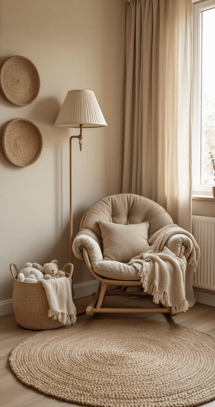 Intieme hoek van een babykamer met een vintage schommelstoel in taupe velours, een rotan lamp, een handgebreid wollen kleed en neutrale decoraties op houten planken, verlicht door warme avondzon.