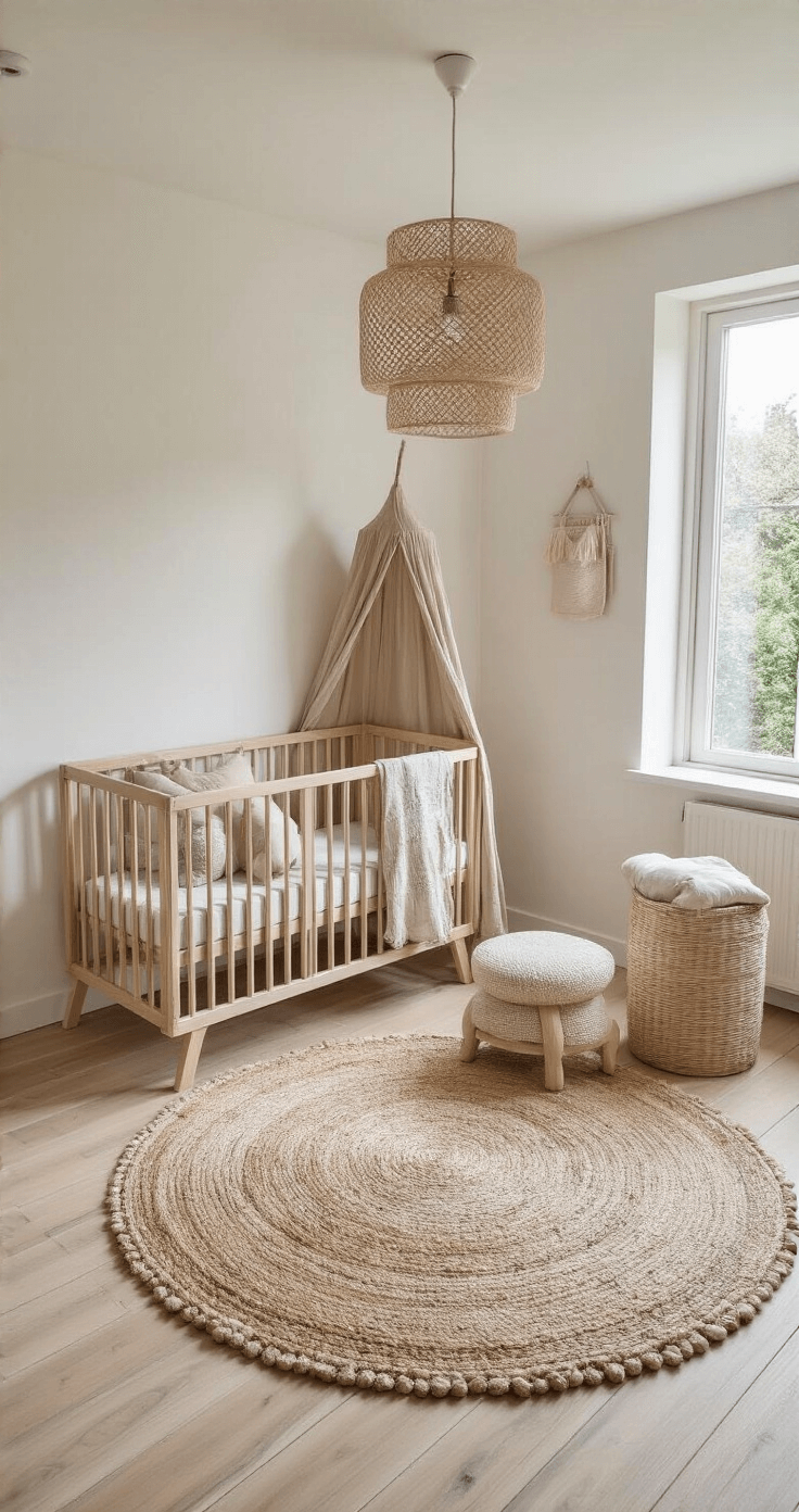 Overzicht van een babykamer vanuit vogelperspectief met lichte houten vloer, ronde naturel wollen kleed, ledikant, commode en zithoek in neutrale kleuren en verschillende texturen, mobiel van natuurlijke materialen boven het ledikant.