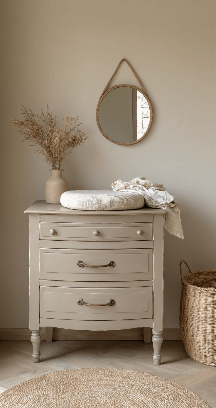 Close-up van een vintage commode met een taupe verschoonkussen, omringd door organische accessoires zoals een rond spiegeltje en gebogen houten haken, onder natuurlijk raamlicht met open planken vol gevouwen hydrofiele doeken en rieten mandjes, op een muur behandeld met kalkverf.