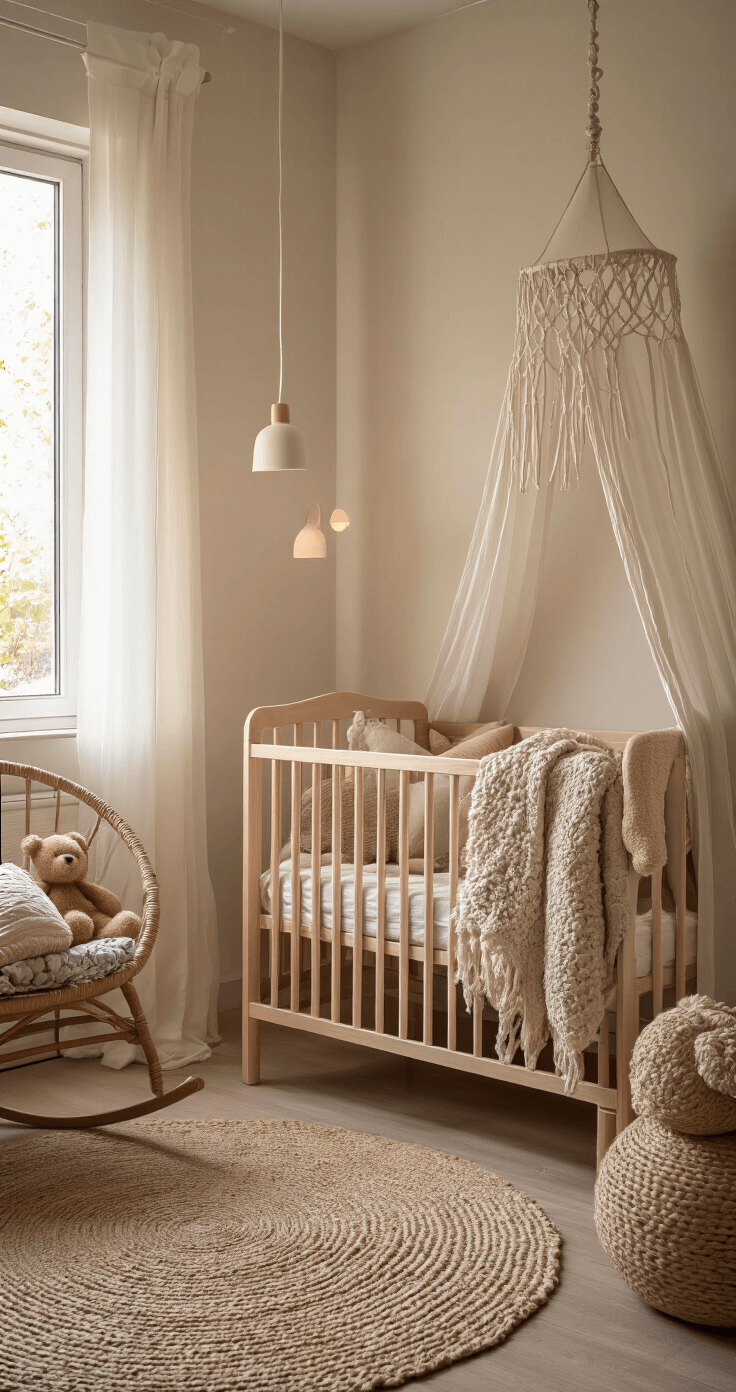 Een gezellige babykamer in avondlicht met dimbare wandlampen, een ledikant voorzien van zachte dekens in beige tinten, een macramé gordijn dat het laatste daglicht filtert, en een rotan schommelstoel met een teddy in natuurtinten.