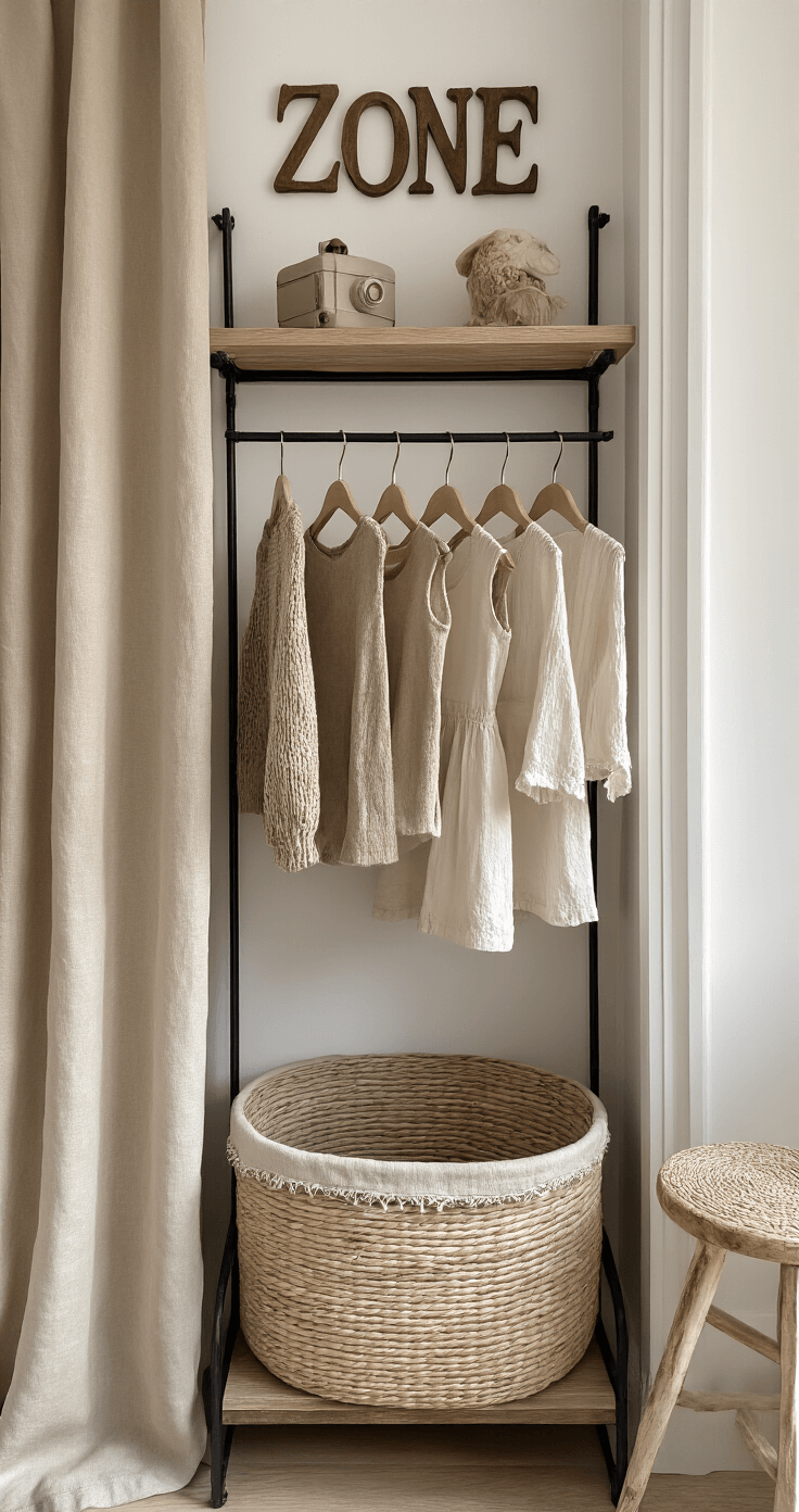 Garderobe zone met mat zwart metalen kledingrek, naturel babykleding aan kleine hangers, gevlochten wasmand eronder, wandplank met vilten letters, beige linnen gordijn, vintage krukje ernaast, symmetrische compositie in indirect daglicht.