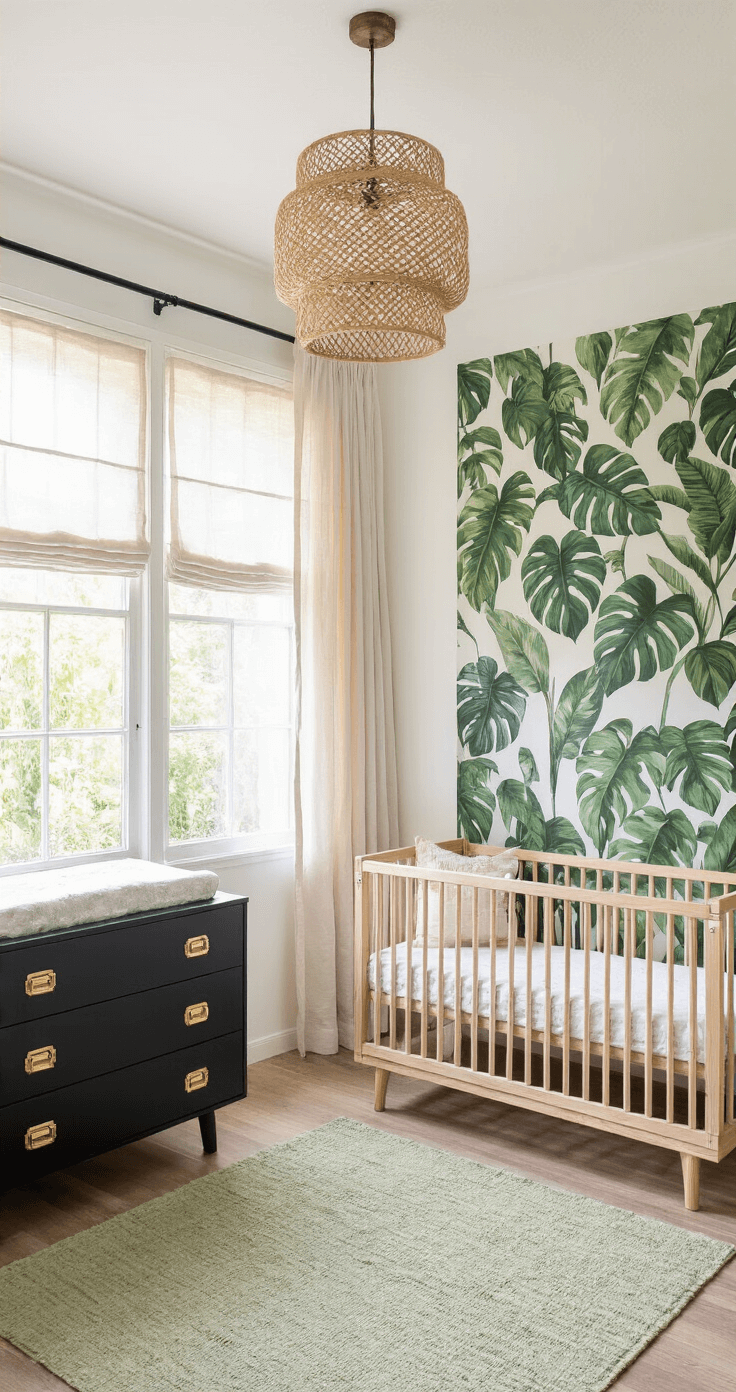 Een ruime, vierkante babykamer in jungle thema, met een zwart houten ledikant tegen een witte muur, ochtendlicht door grote ramen, een matzwarte commode met gouden handgrepen, en een zachte groen/beige tapijt. Decoratie met monstera wanddecoratie, natuurlijke rotan hanglamp en houten zwevende planken met witte accessoires.