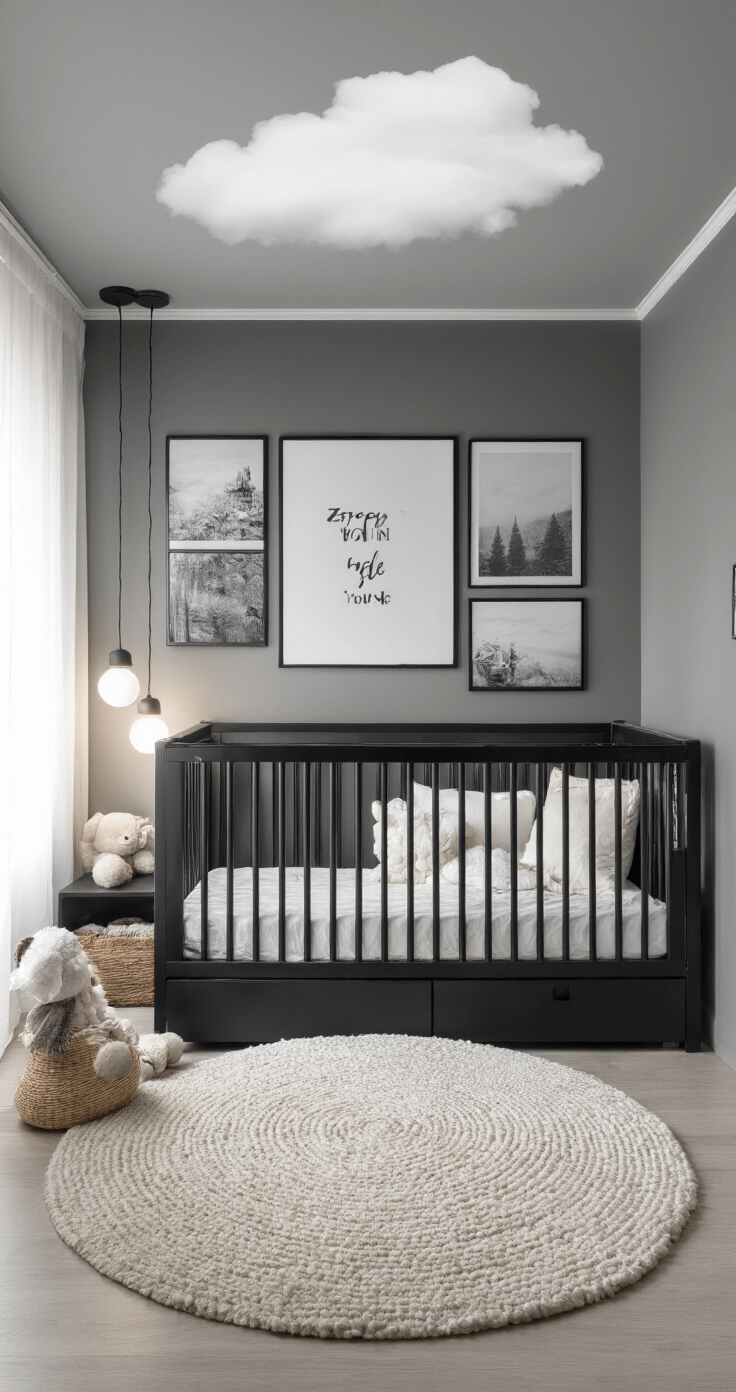 Compacte monochrome babykamer met zwart metalen ledikant, wit beddengoed, zwarte ladekast met marmeren blad, wolkendecoratie en dimbare LED verlichting.