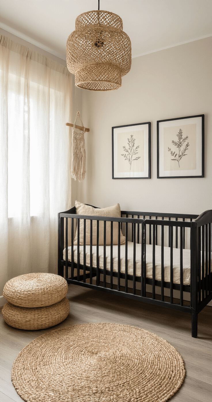 Vierkante babykamer van 4x4 meter met natuurlijke elementen, verlicht door de gouden namiddagzon door sheer gordijnen. Een zwart houten ledikant met organische vormen en een zwarte rotan commode zijn aanwezig. Decoraties zoals een macramé wandhanger, houten kroonluchter en beige linnen textiel zorgen voor een aards en kalmerend sfeertje, aangevuld met botanische prints in zwarte lijsten. Het shot is genomen op ooghoogte en benut natuurlijk licht met een gouden reflector.