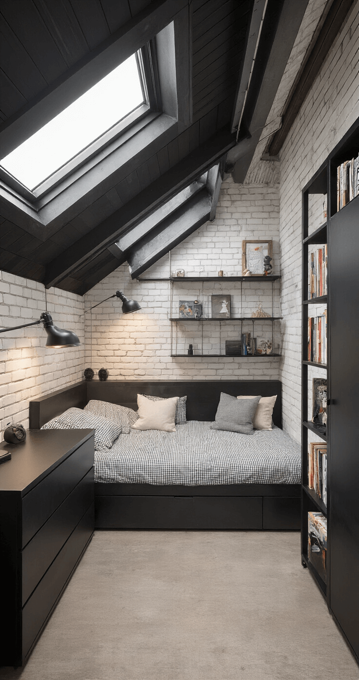 Moderne zolderkamer van 5x5m met dakramen, diffuse daglicht, zwart metalen ledikant onder schuin dak, zwarte inbouwkasten, industriële elementen en zachte textielen, zwevende zwarte boekenplanken met kinderboeken, kikvorsperspectief en egale verlichting met softboxes, sfeervol urban en cozy.