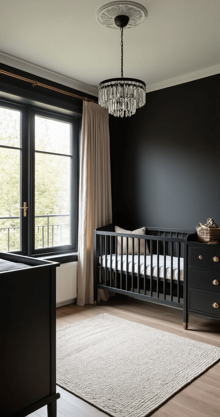 Klassiek moderne babykamer met erker, zwart vintage ledikant, moderne zwarte commode met koperen details, fluwelen gordijnen en kristallen kroonluchter, zacht verlicht door de ochtendzon.